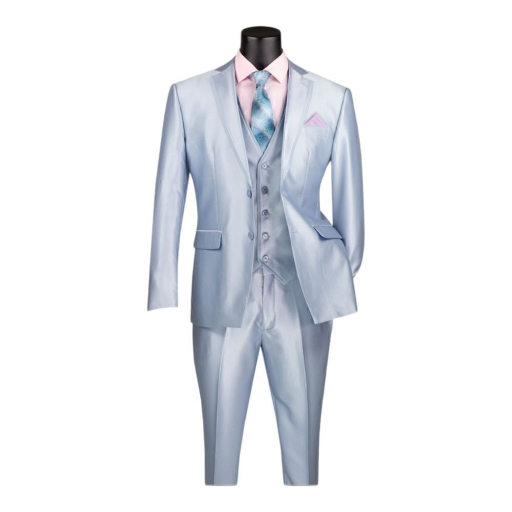 MEN'S VINCI 3 PIECE SLIM FIT SUIT ICE BLUE SATIN LOOK FABRIC. SV2D-1